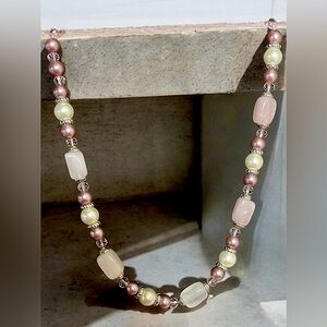 Classy and Classic Rose Quartz, Faux pearl, and Chrystal Necklace